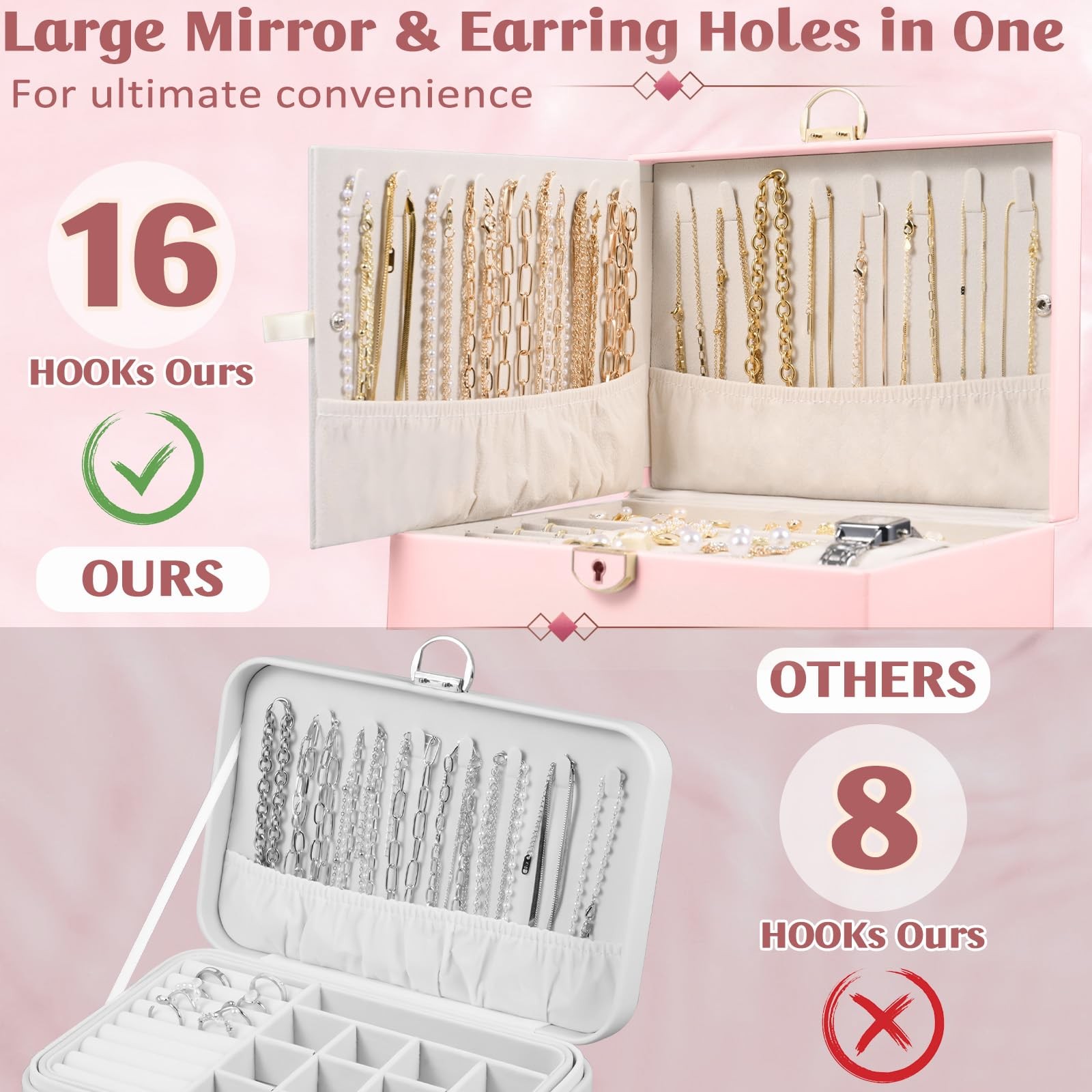 Emazerom 3 Layer Jewelry Boxes Large Holder Organizer Case with Pink