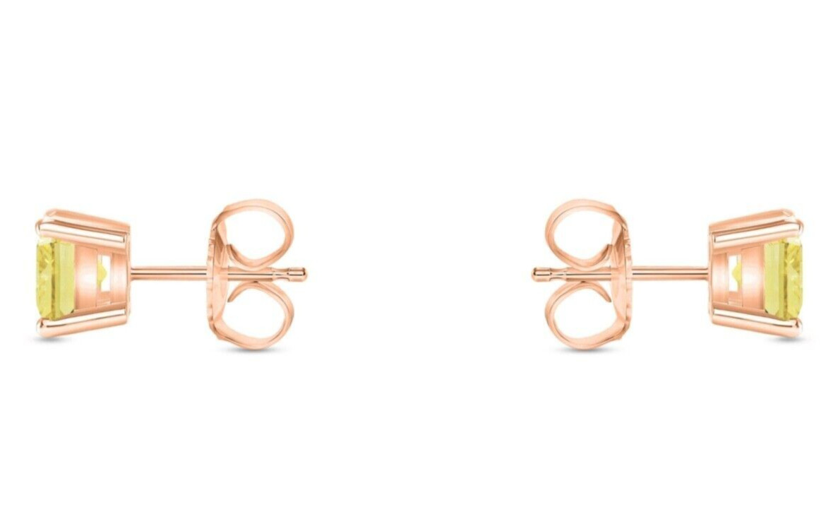 4 Ct Certified Princess Cut Natural Yellow Diamond Studs VVS1 Rose Gold Finish