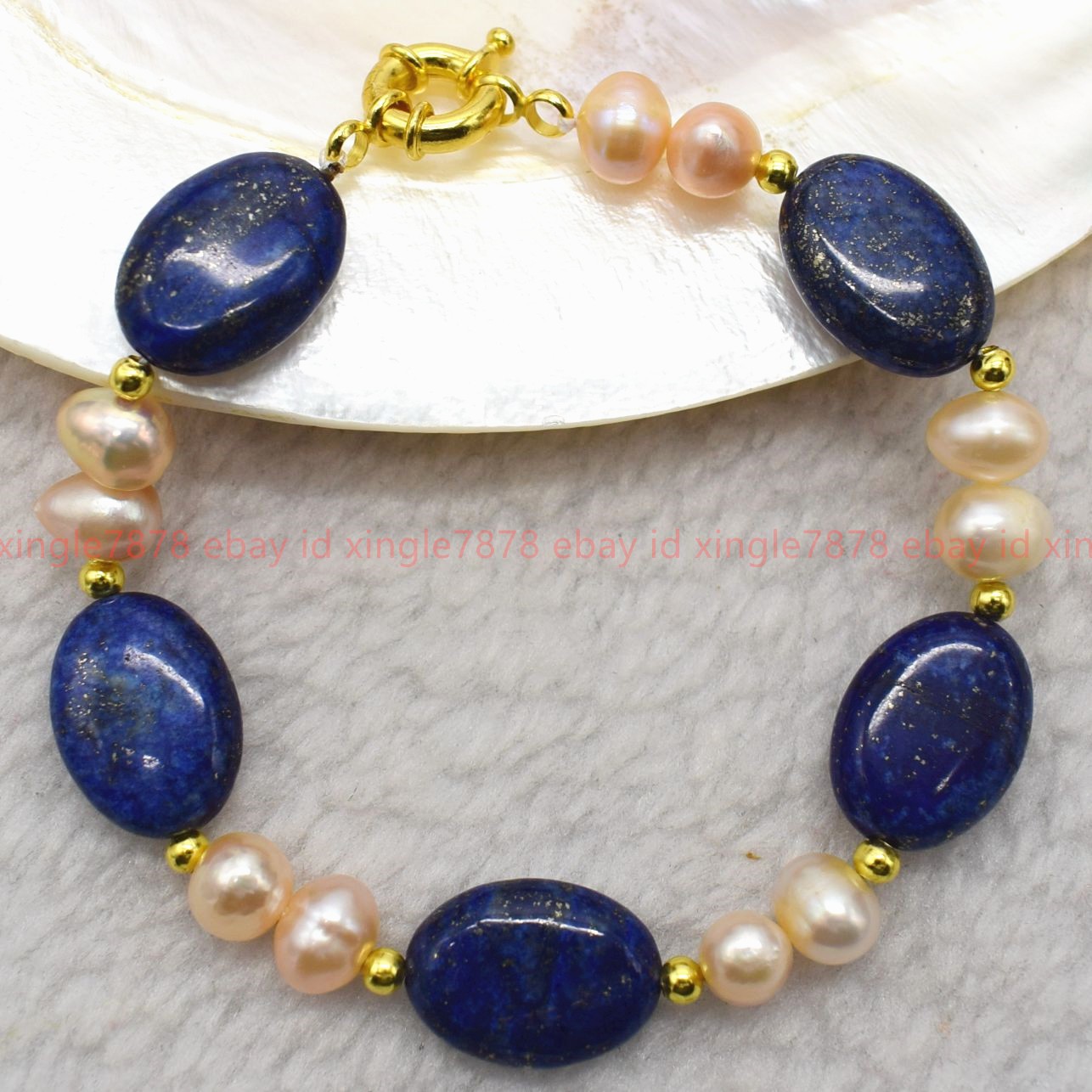 Natural 13x18mm Oval Blue Lapis Lazuli Pink Pearl Gemstone Beads Bracelet 7-9in
