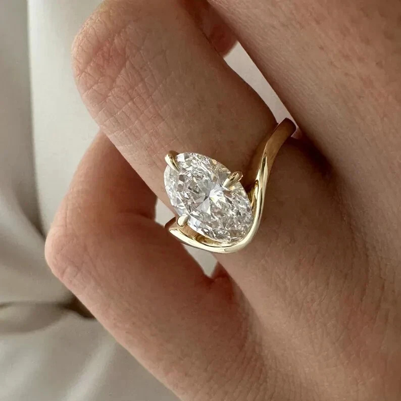 Women Diamond Ring Lab Grown 2 Ct Oval Cut 14k Yellow Gold IGI Certified VVS E F