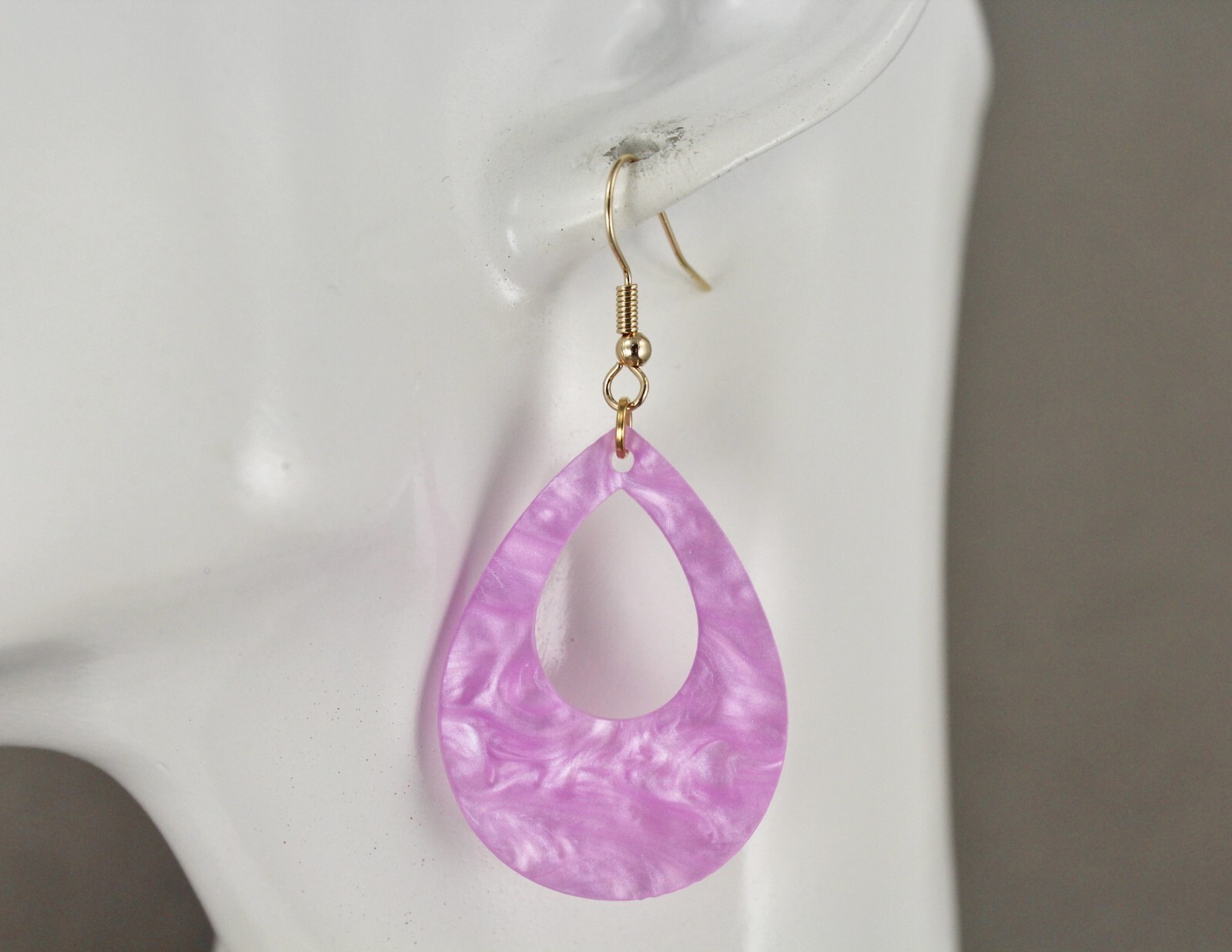 Purple teardrop earrings lightweight dangle cut out oval outline 2.25″ long