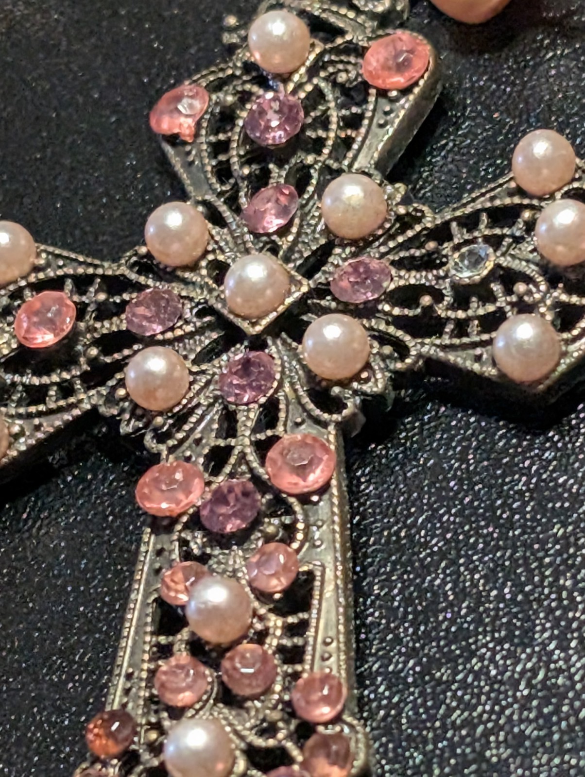 Bijoux Terner Pink Pearl Bead Cross Pendant Necklace Rhinestone Antique Bronze