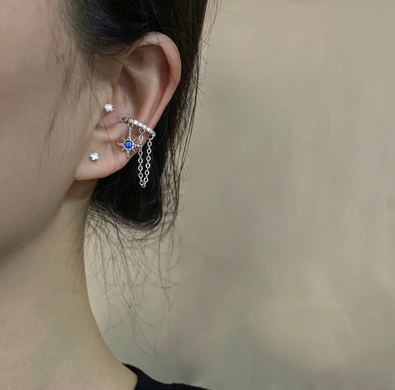 1Pc Silver Plated Ear Cuff Blue CZ Star Teardrop Earring No Pierced Clip On I123
