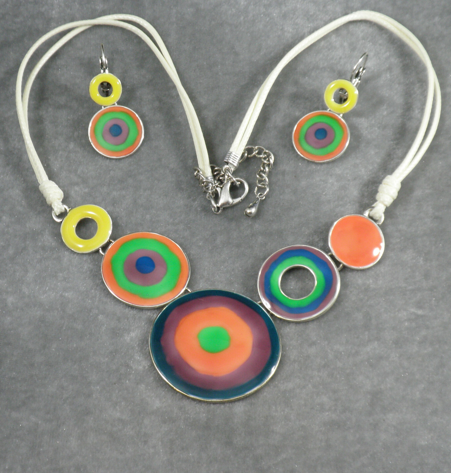 Enamled Blue Purple Green Orange Yellow Round Circle Necklace Earrings 18″ – 21″