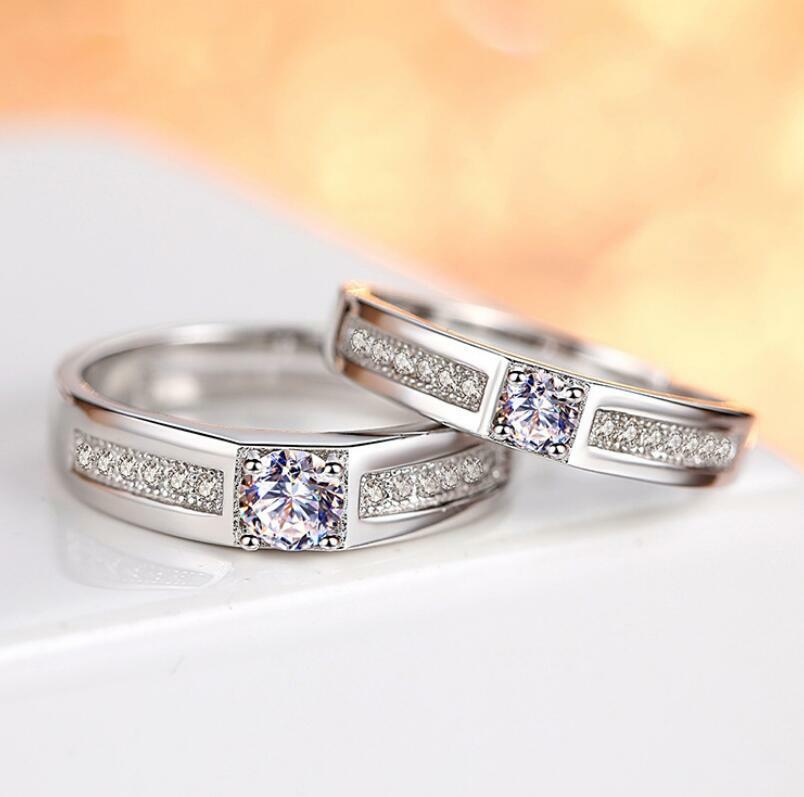 Silver Promise Pave Cubic Zirconia Adjustable Engagement Pair Couple Love Ring
