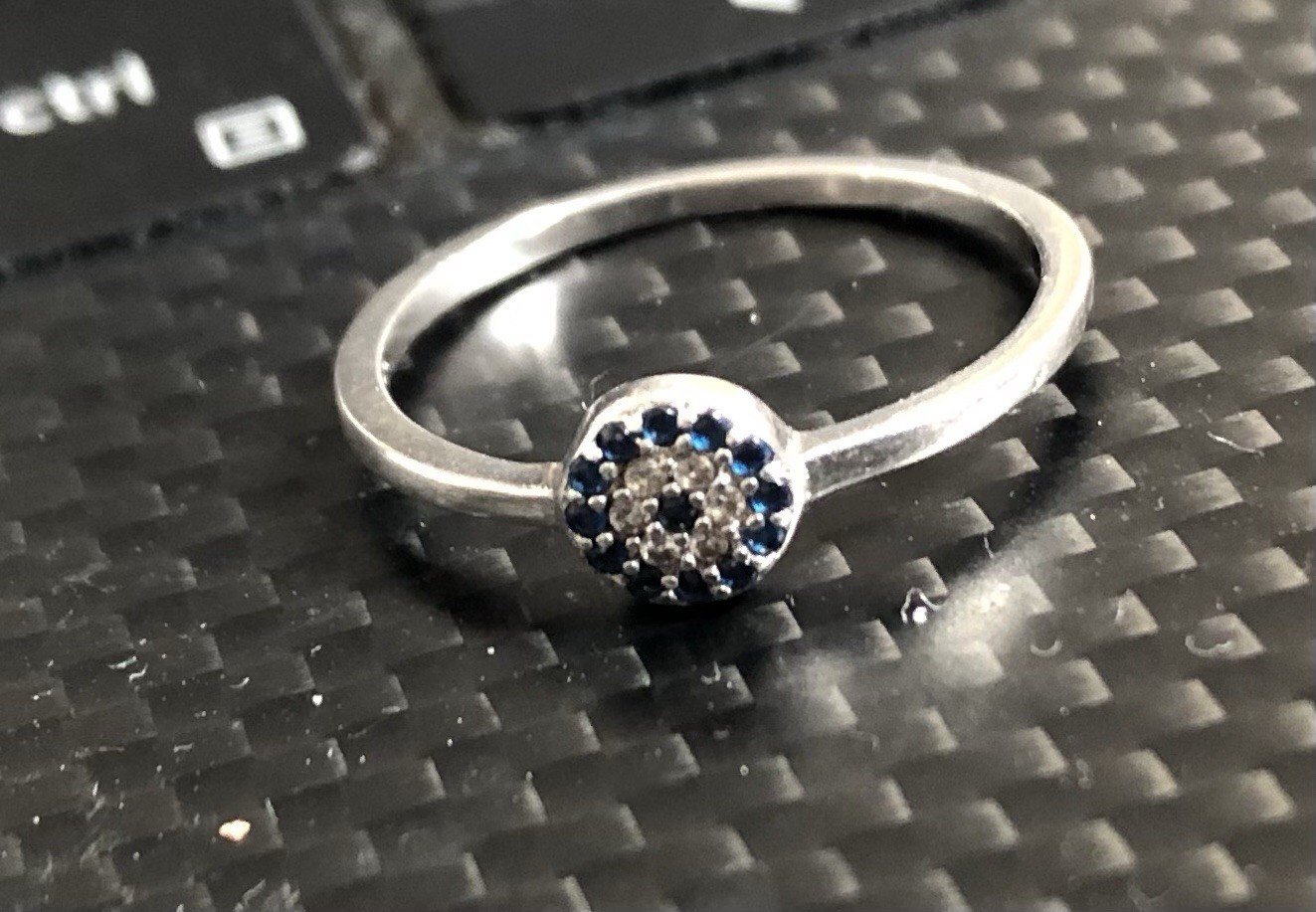 Pre-owned 0.7mm Blue Sapphire And Diamond Flower Cluster Silver Ring, Size 7