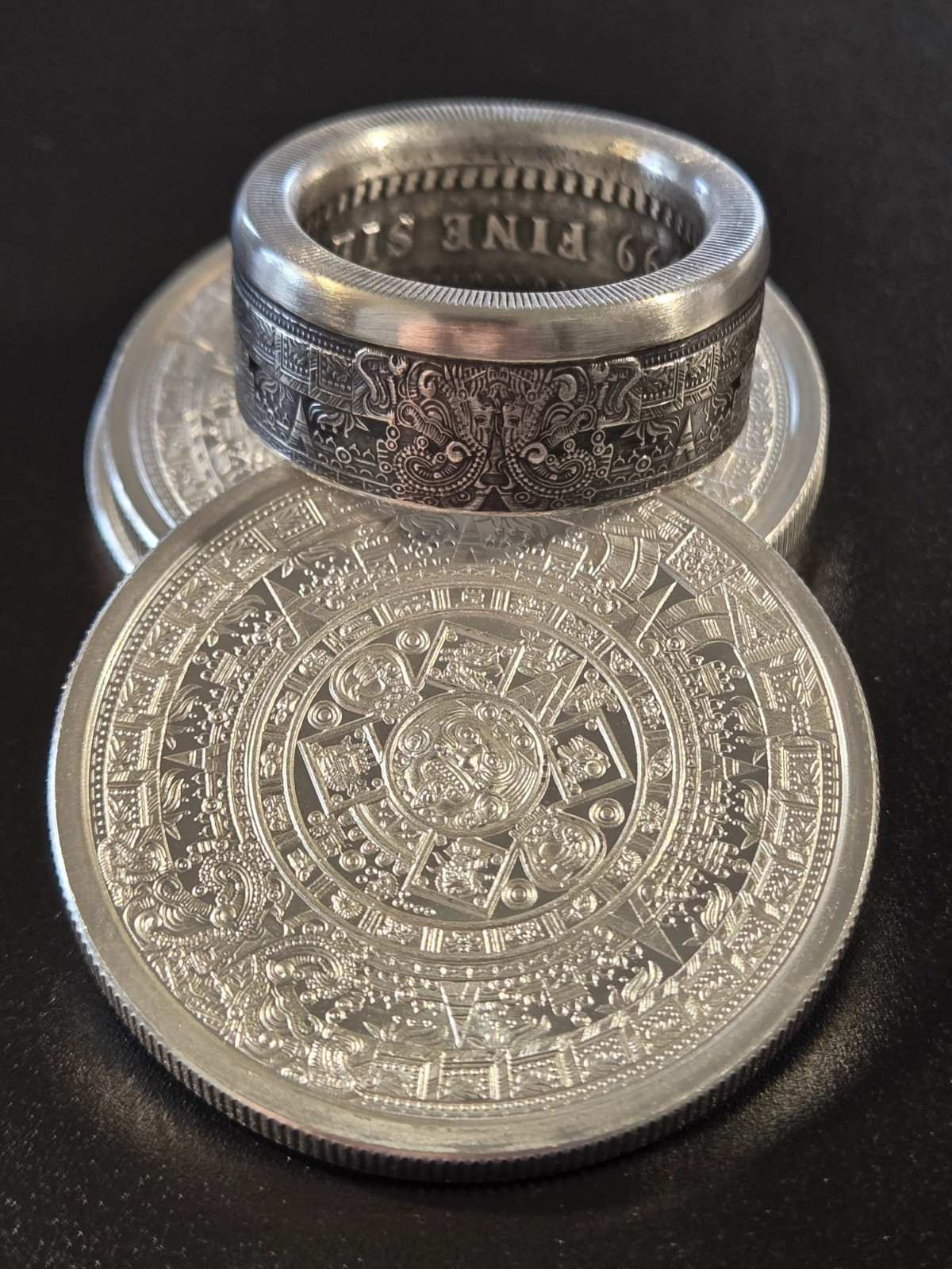 Aztec Calender .999 Pure Silver COIN RING Sz 9-14 Azteca Mayan 1 Troy Oz Coin