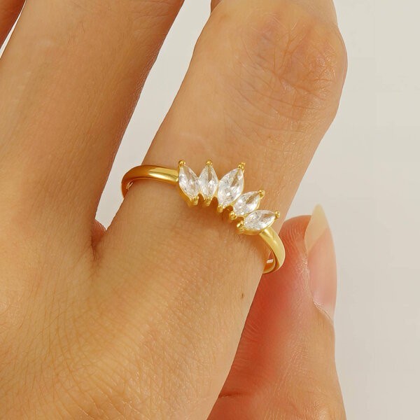 18K Gold Plated Adjustable Leaf Ring CZ Stainless Steel Waterproof Hypoallergeni