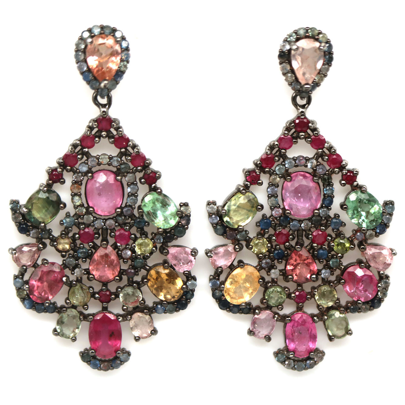 925 Sterling Silver 4 x 6 mm. Fancy Color Tourmaline & Sapphire Earrings