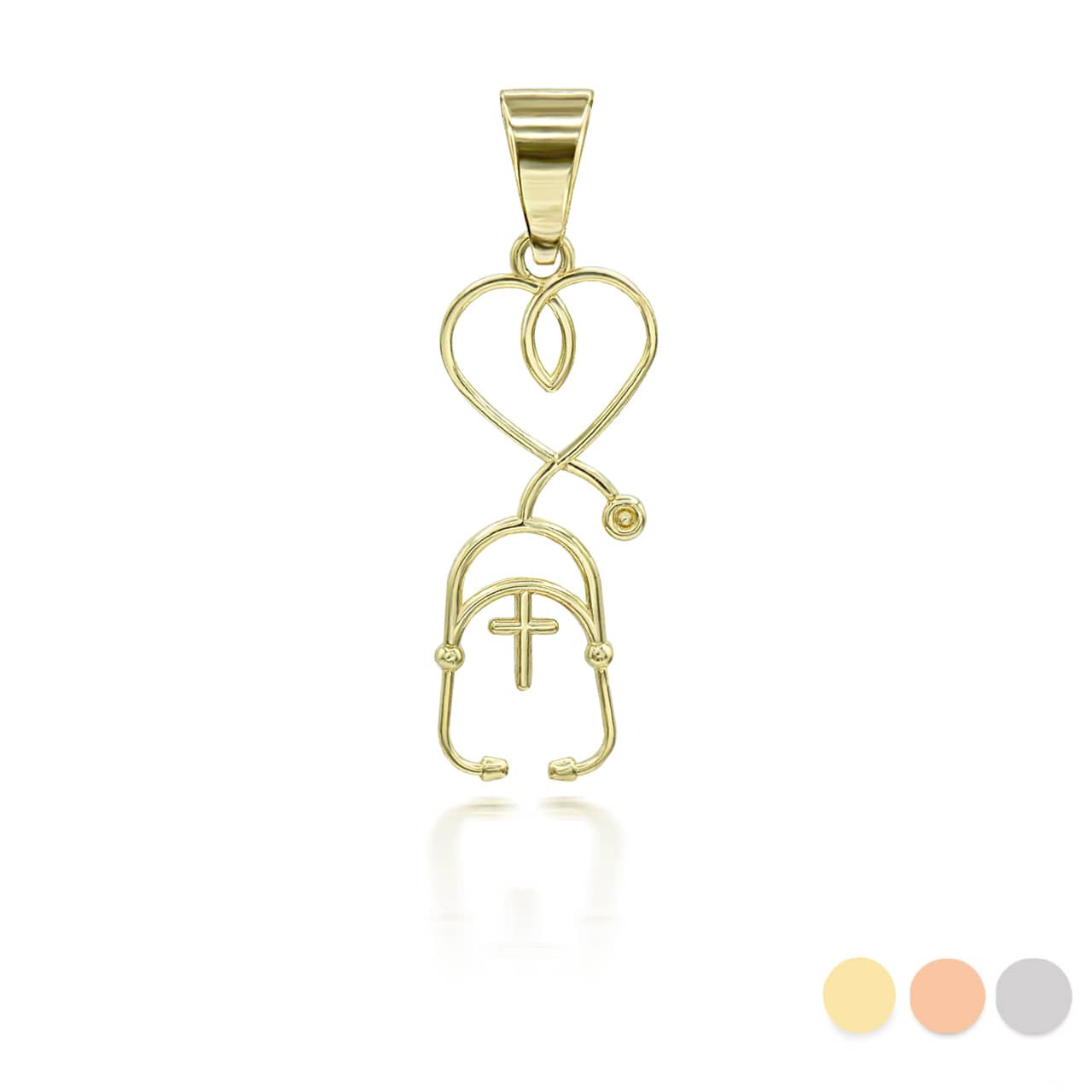 Gold Cross Stethoscope Pendant Necklace (Available in Yellow/Rose/White Gold)