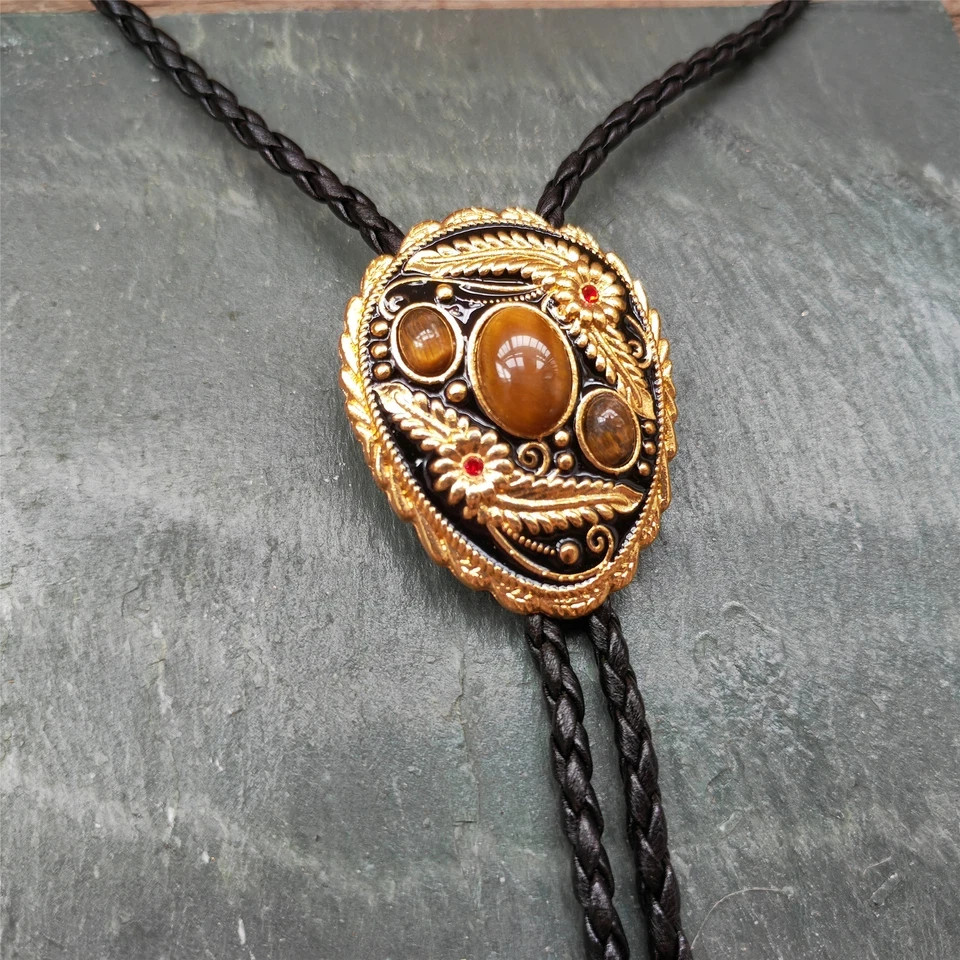 3 Tigers Eye Stone Men Bolo Tie Wedding Necklace Western Cowboy Necktie vintage