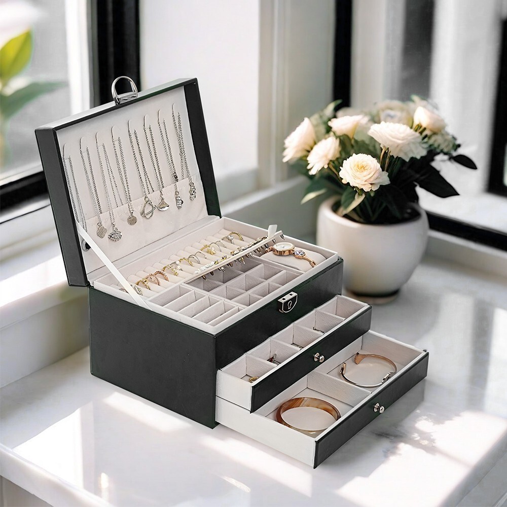 3 Layers Jewelry Box Organizer Large Capacity Ring Earring Necklace Storage Case