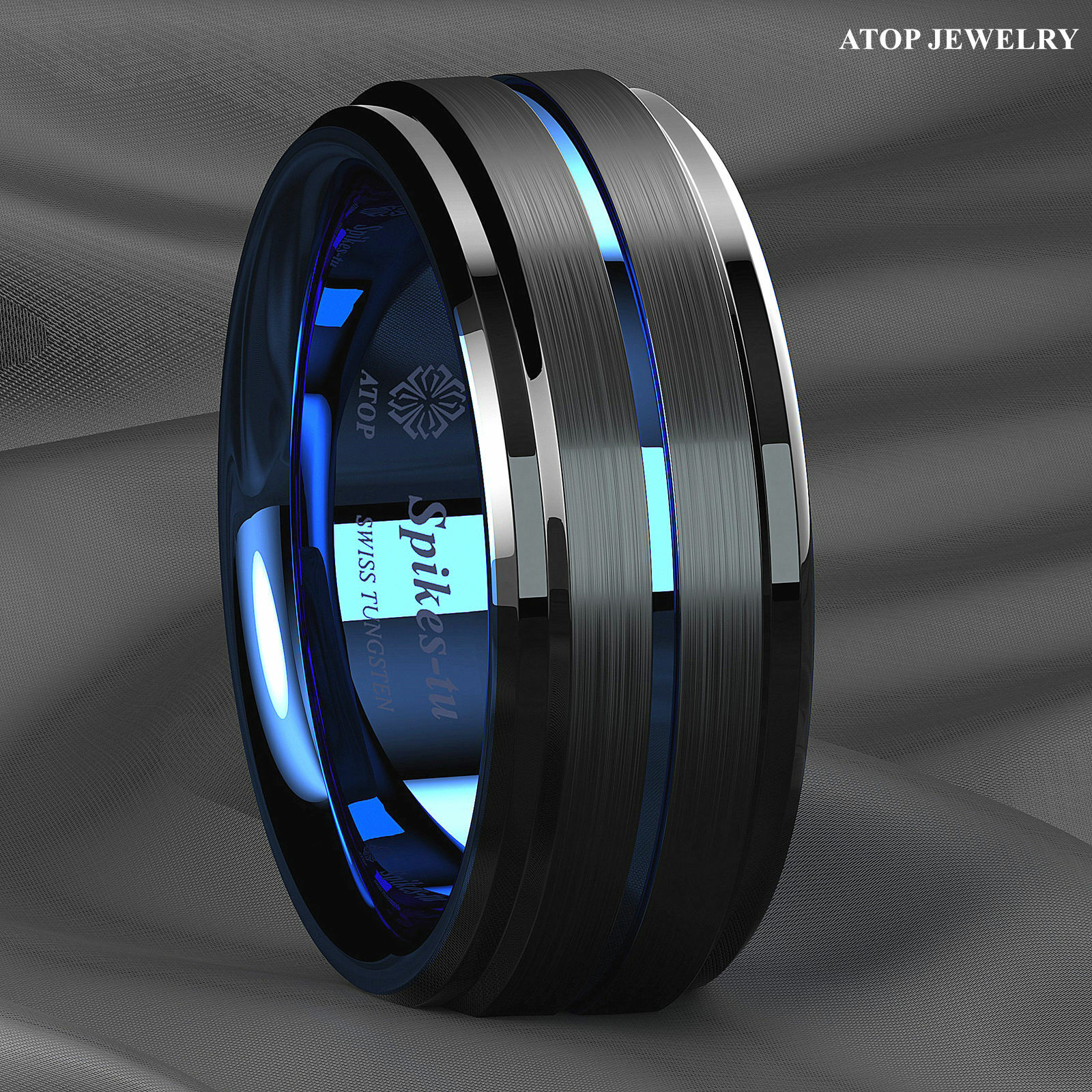 8mm Black Brushed Ladder Edge Tungsten Ring BLue Stripe ATOP Mens Wedding Band