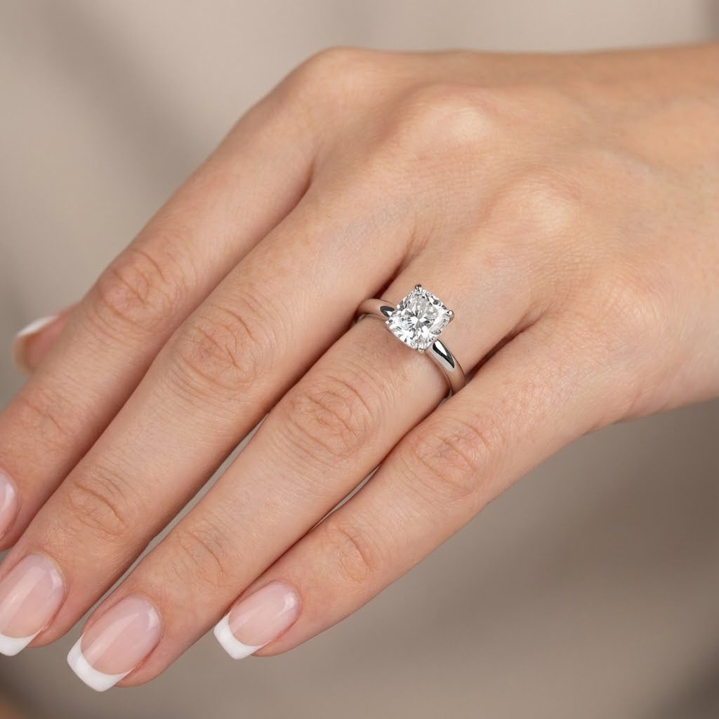 Solitaire Engagement Ring 14K Gold 1.35 Carat Cushion Lab-Grown Diamond D VVS1