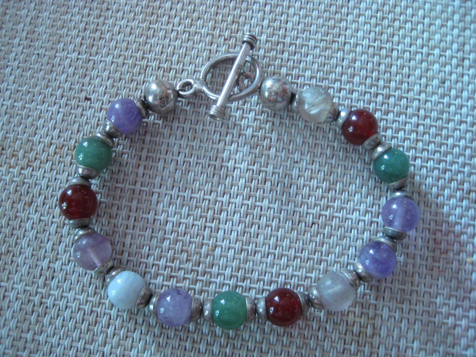 Sterling Silver Multi Bead Gemstone Toggle Clasp Bracelet 7.5″ (C9)