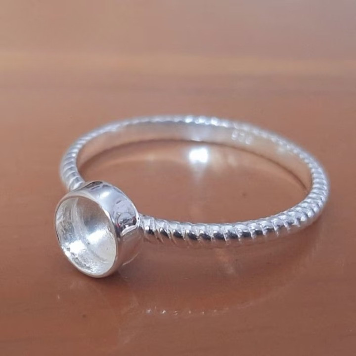 925 Sterling Silver 8mm Round Bezel Cup Ring Twisted Band DIY Jewelry Setting