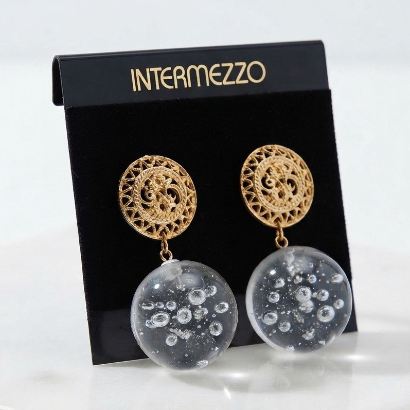 Intermezzo Gold Tone Filigree Round Disc Clear Bubble Dangle Earrings vintage
