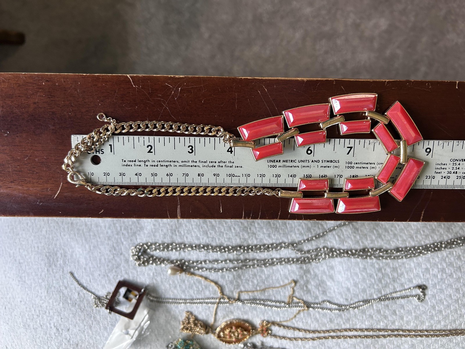 Necklace Red Resin Bib Statement Gold Tone Rectangle Pendant Lobster 18 In