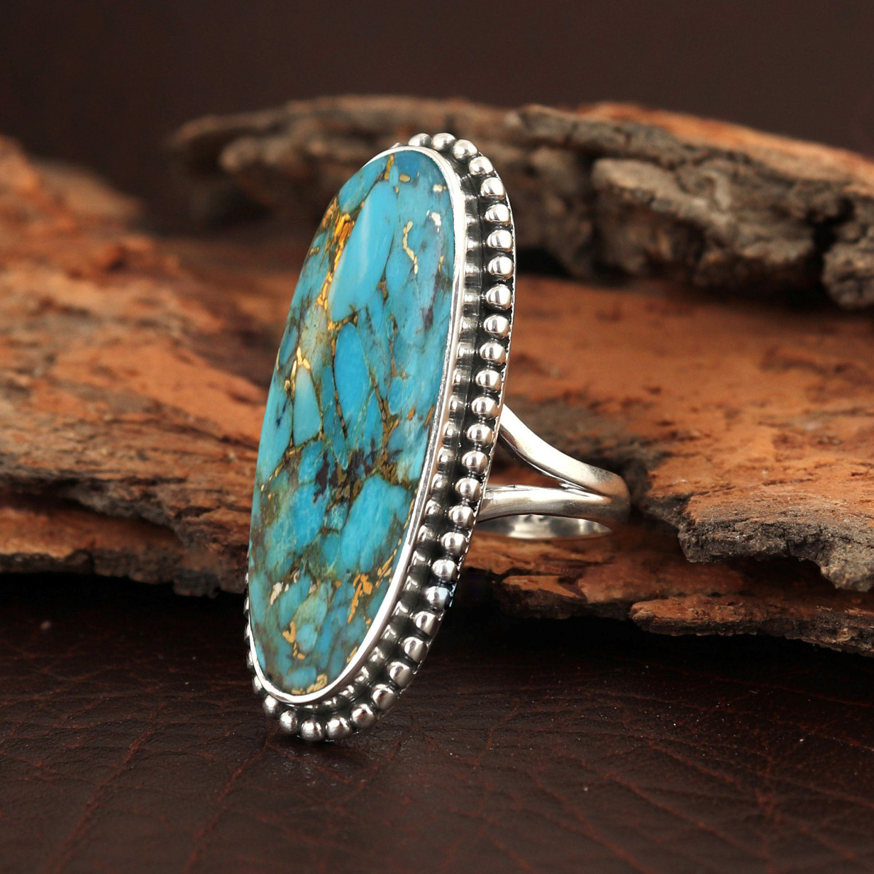 Blue Copper Turquoise Ring 925 Sterling Silver Long Gemstone All Size MO901