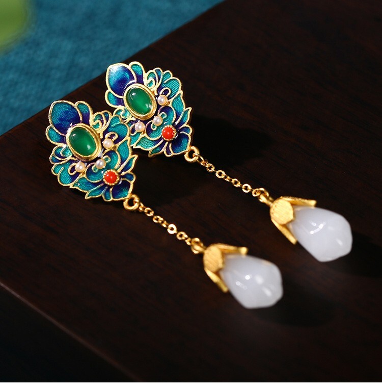 Jade Drop Dangle Earrings Bohemian Cloisonne Gemstone 18K White Gold Plated