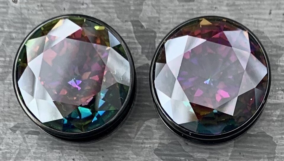 PAIR Large Vitrail Medium Gem Black Screw Fit Tunnels Ear Plugs Earlet Gauges