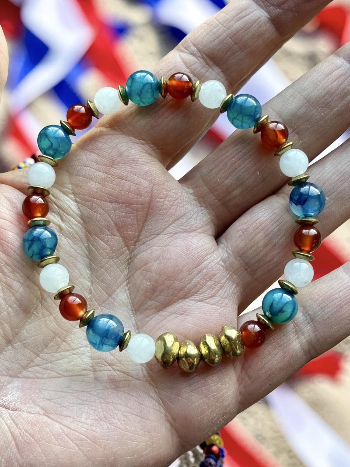 Independence Day Patriotic Stretch Gemstone Bracelet, With Solid Brass Nuggets