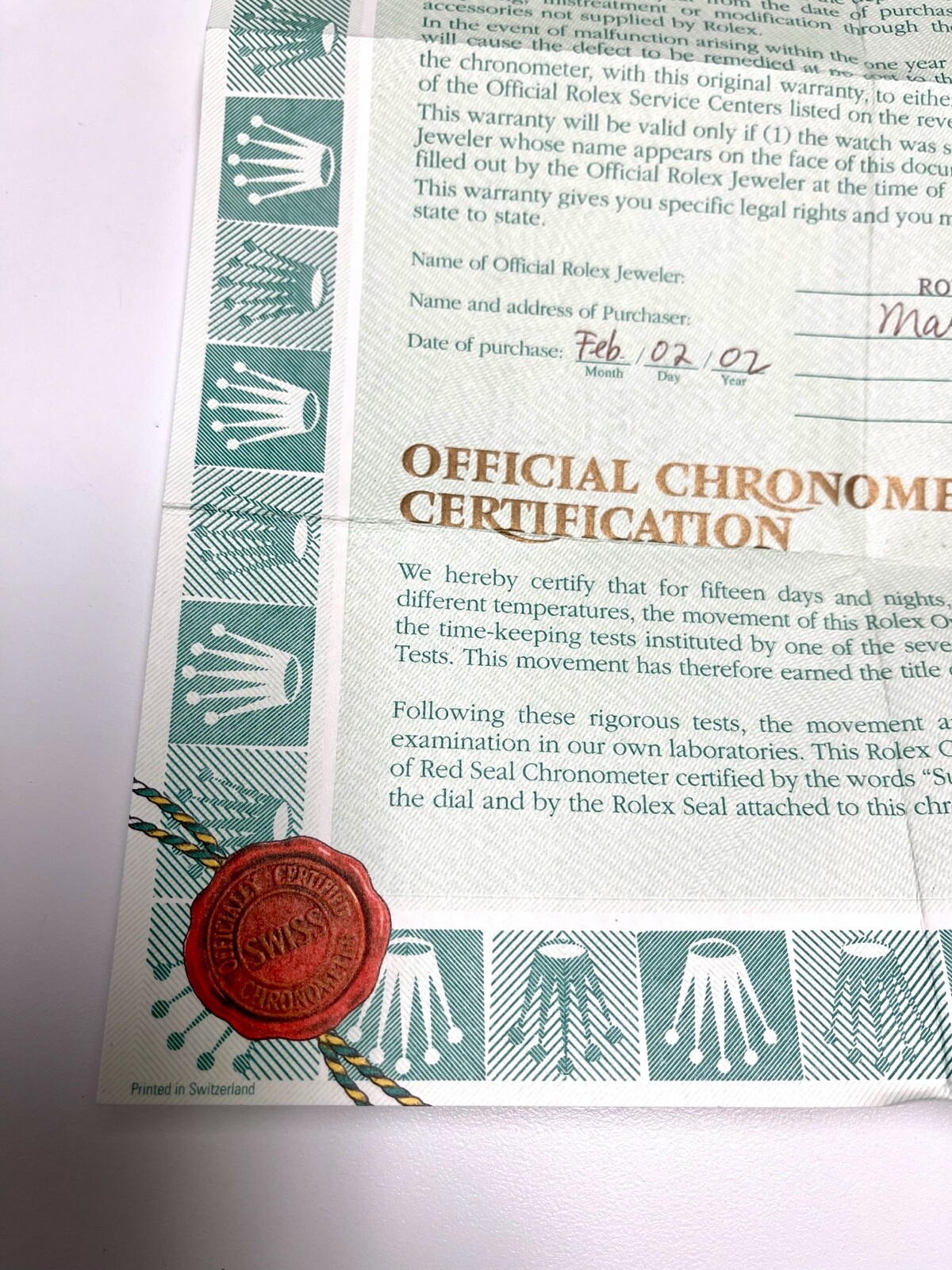 Rolex full one year warranty certificate For Ref 16962