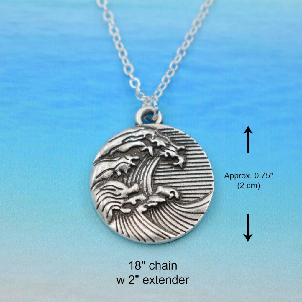 GREAT WAVE NECKLACE 0.75″ Round Pendant 18″ Chain Surfing Beach Ocean Surf NEW