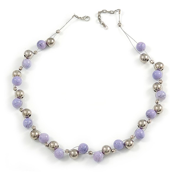 13mm Beaded Wired Necklace in Silver Tone/ Lavender Ceramic/ 50mm L/ 4cm Ext
