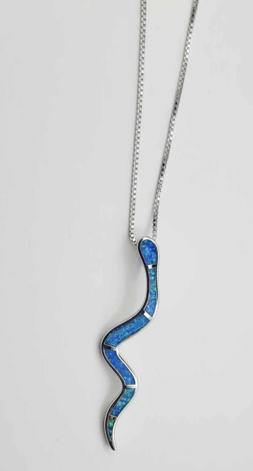 925 Sterling Silver Blue Opal Snake Necklace 17.7”