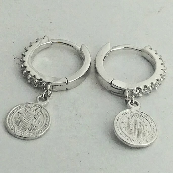 925 STERLING SILVER Rhodium Plated SAINT BENEDICT MEDAL Earrings 22x13MM