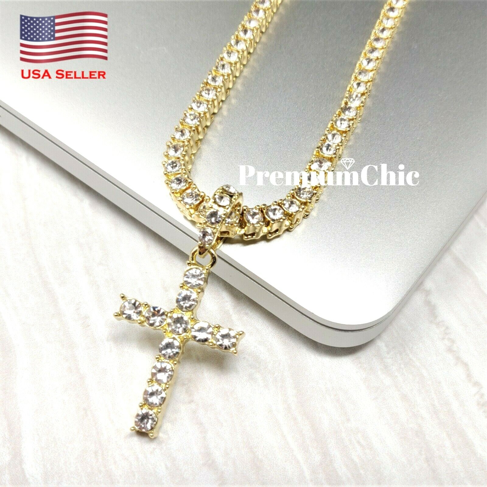 ICED Cross Pendant & Tennis Chain Choker Gold Plated Mens Hip Hop CZ Necklace