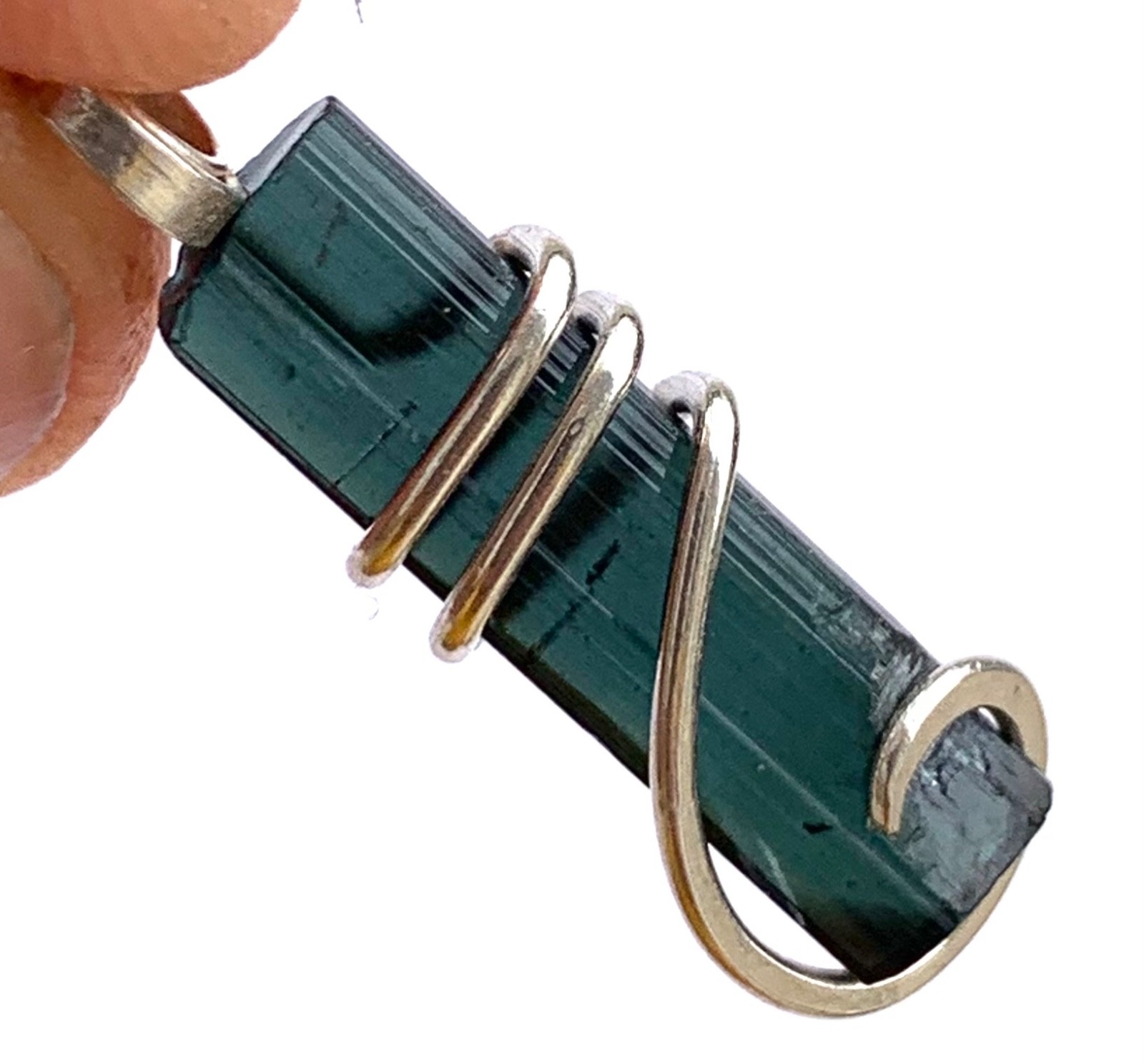 Blue Tourmaline Crystal in Silver Wire wrap Art Pendant Rare Crystal 7.20