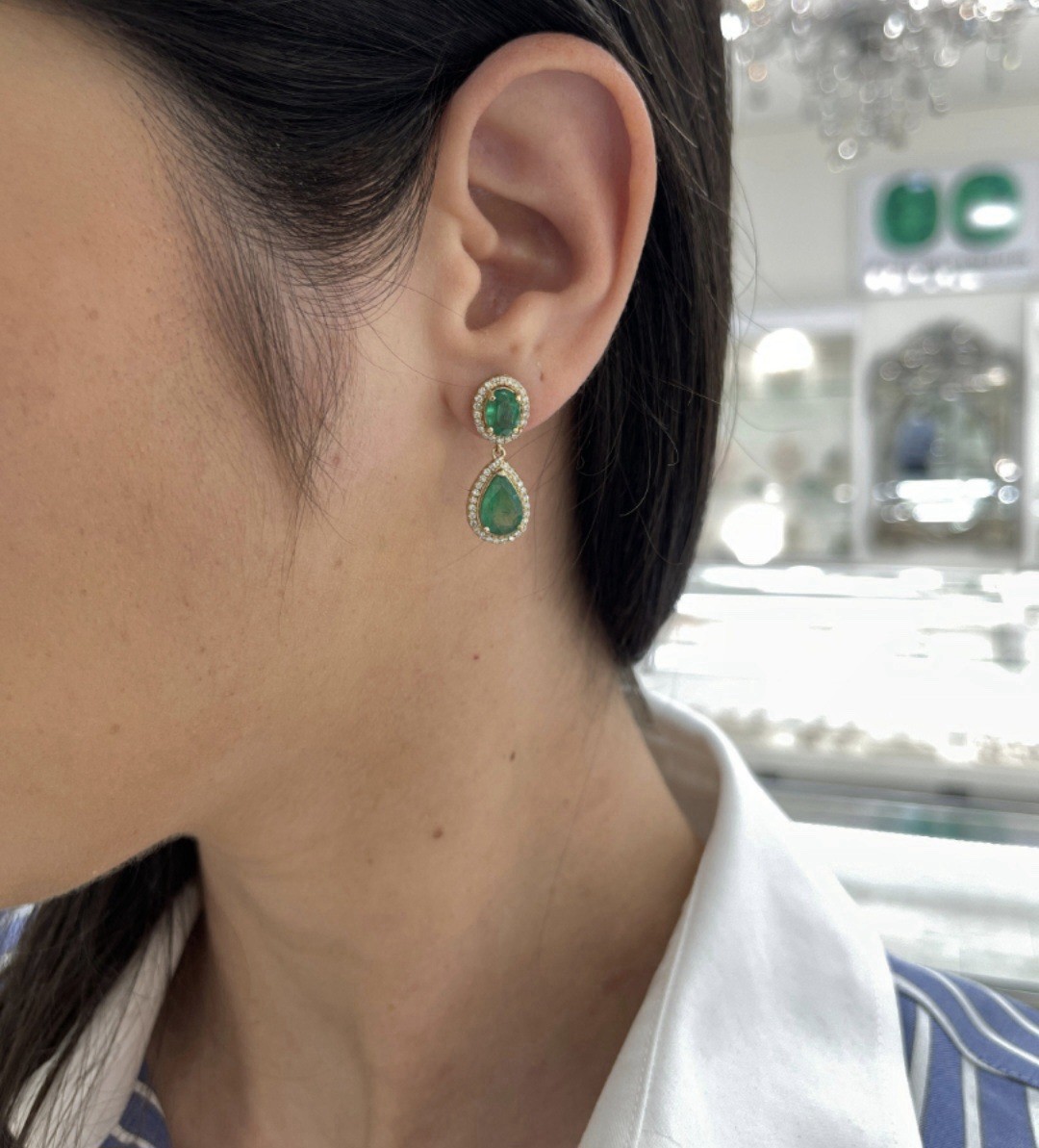 14k Solid Gold Emerald Diamond Earring Natural Zambian Emerald Gold Earrings