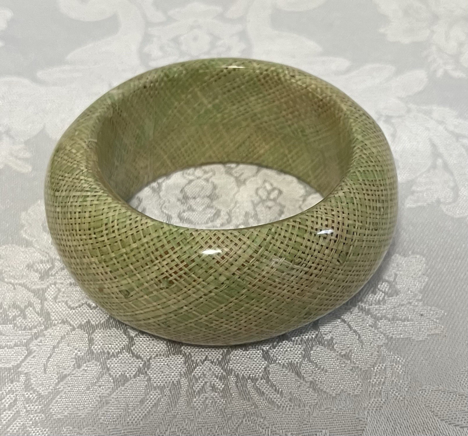 Vintage Chunky Bangle Bracelet Green Burlap Fabric Encased in Acrylic Lucite
