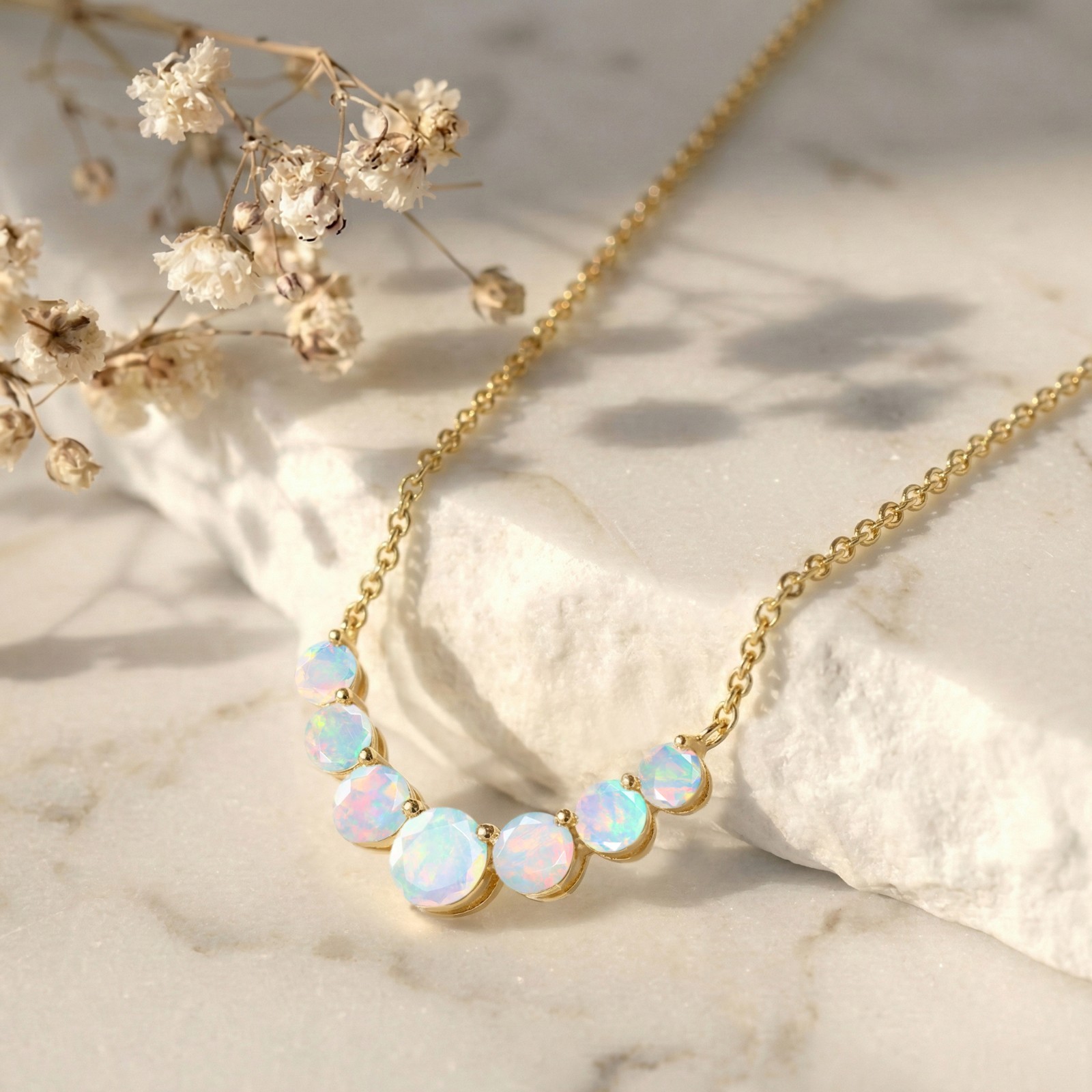 White Fire Opal Gemstone Bar Necklace, AAA White Opal Gemstone Chain Pendant