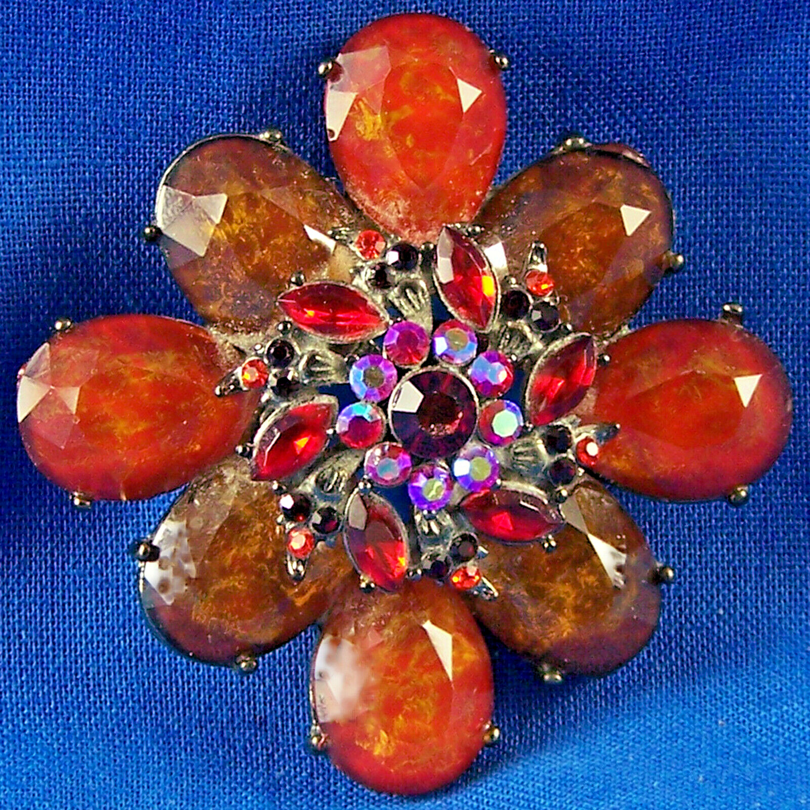 Flower Pin Cluster Rhinestone Brown Orange Red Aurora Borealis BronzeTone Brooch