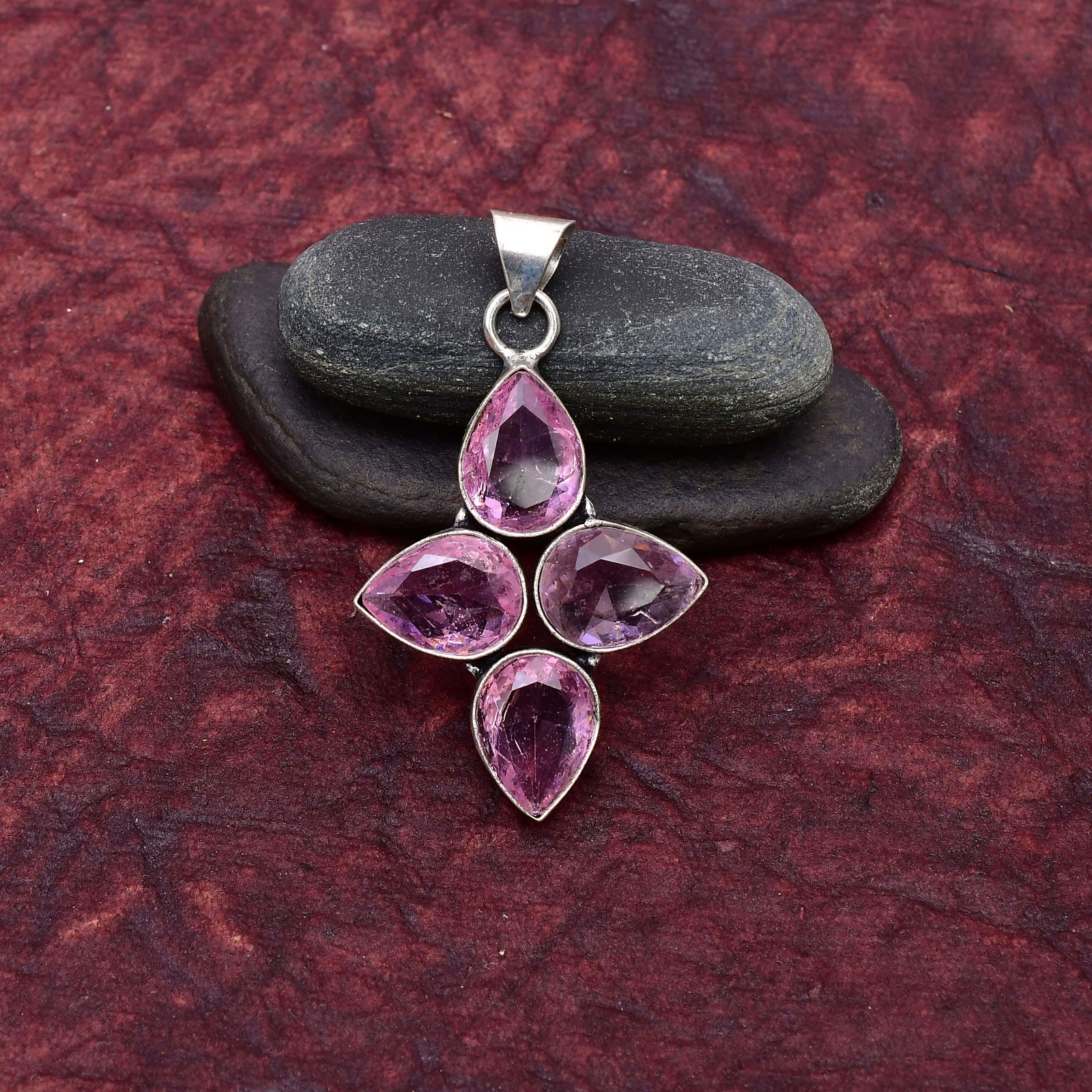 Pink Kunzite Gemstone 925 sterling silver Handmade Cross Pendant jewelry 2.28″