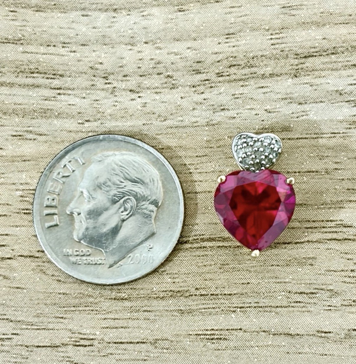10K Multi Tone Yellow & White Gold Unknown Red Stone Heart Shaped Pendant
