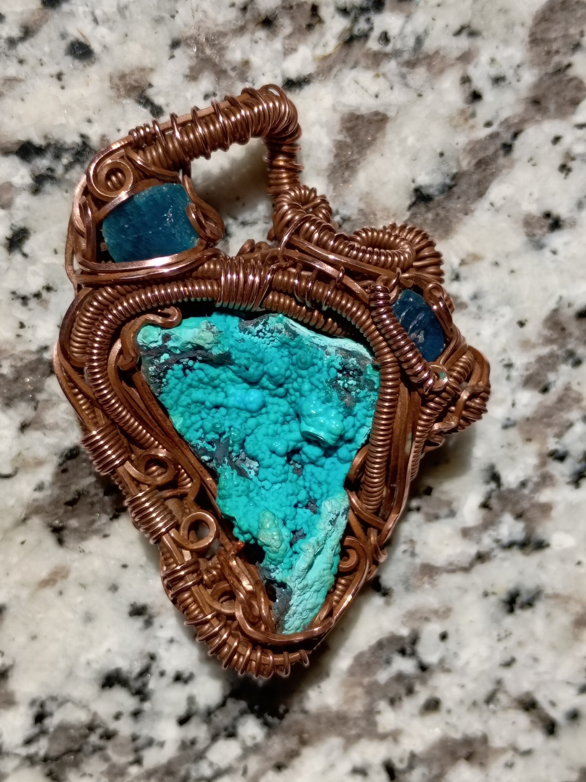 Handcrafted Wire Wrapped Natural Chrysocolla Apatite Copper Amulet Pendant