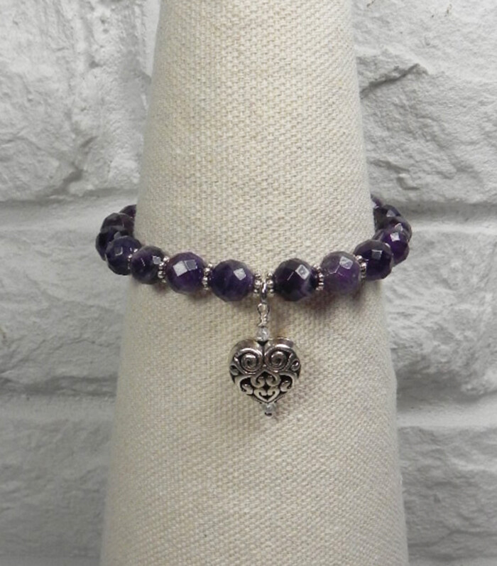 Amethyst Daisy Spacer Puffed Heart Charm Stretch Bracelet Handmade 7.5″ New