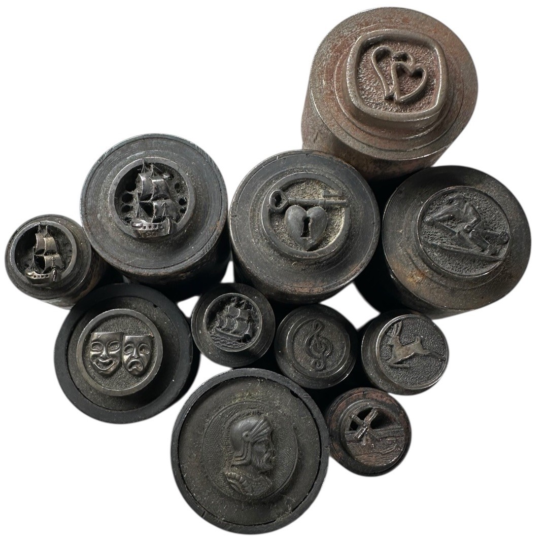 Antique Steel Mold Die Hub Stamps Jewelry Tool Victorian Heart Ship Roman Cameo