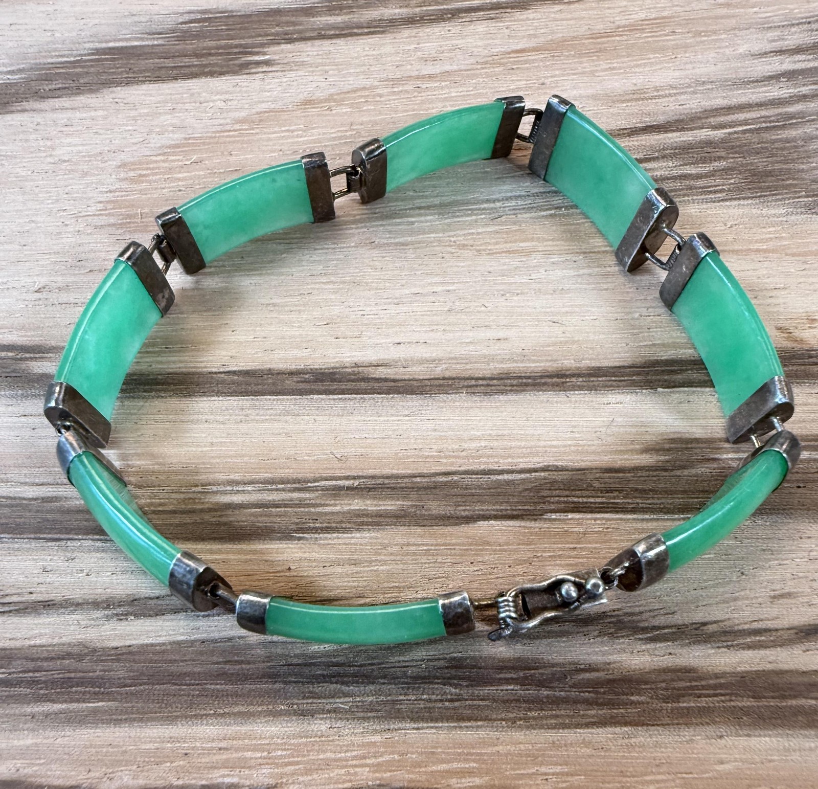 Sterling Silver 925 Jade Bangle Bracelet Green Ethnic Hook Womens 6.5 In 13.74g
