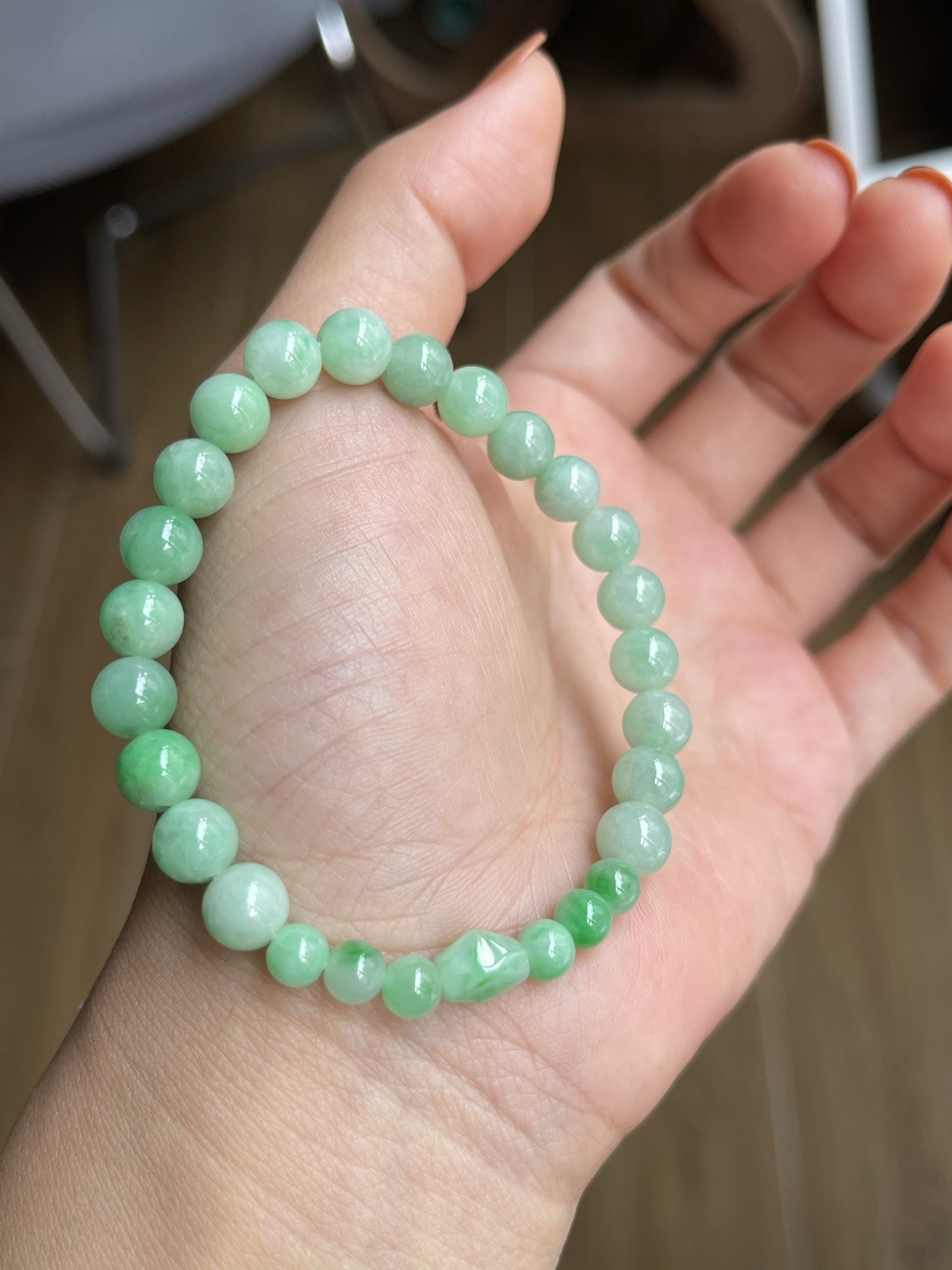 Natural Type A Burmese Jadeite Bracelet 15cm Apple Green 7.4-7.6mm Round Beads