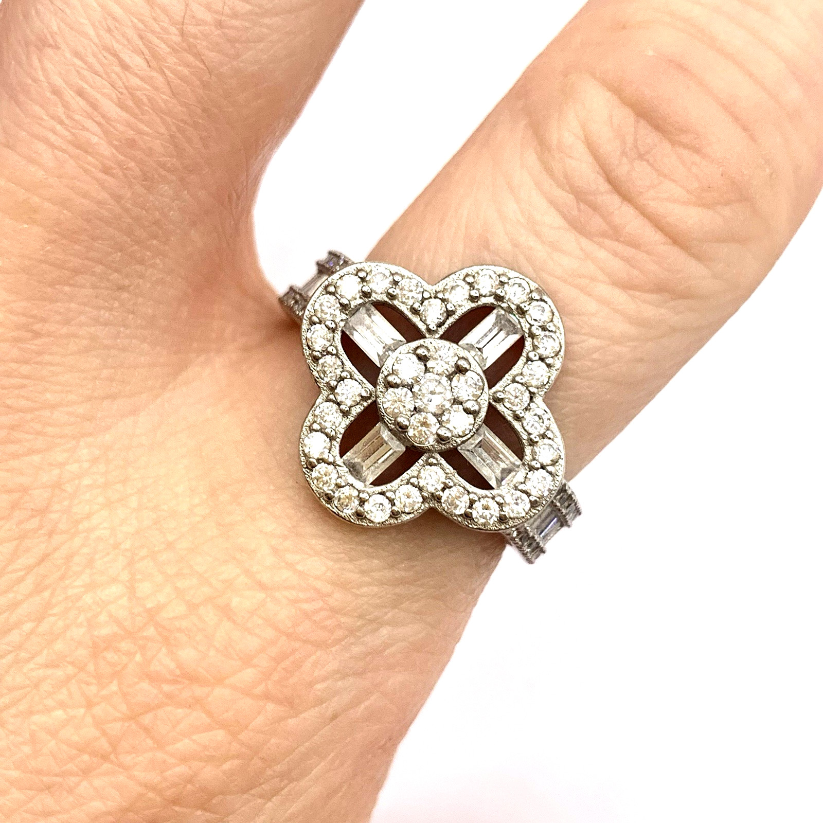 CZ Cluster 925 Sterling Silver Ring Ornate Flower Round Baguette Cut – Size P