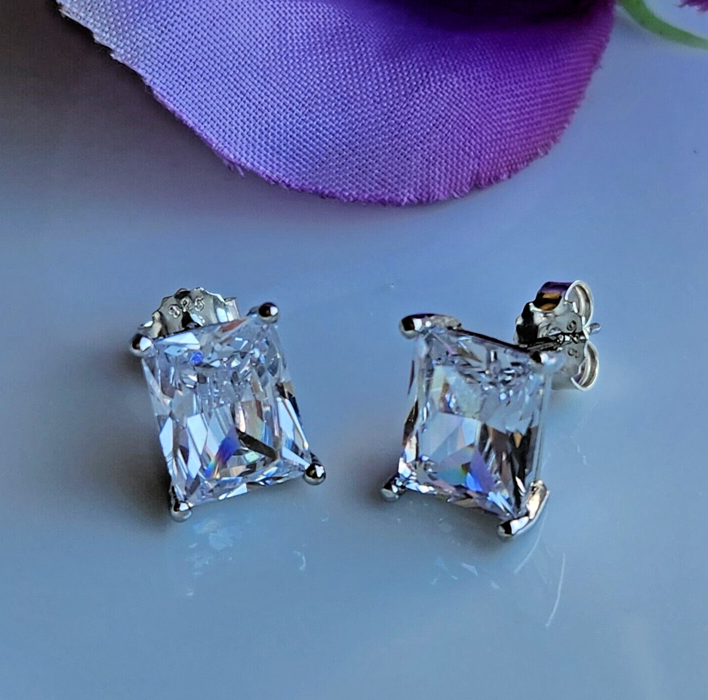 8CT Rectangle Lab-Created White Sapphire Stud Earrings 925 Sterling Sliver