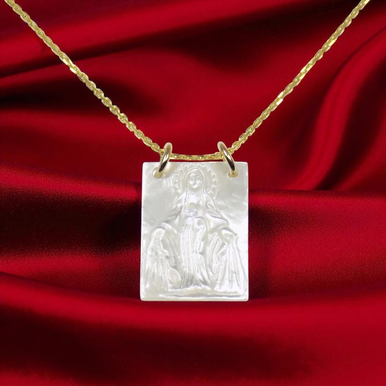 Scapular Christian Necklace, Virgin Mary Mother of Pearl Scapular Necklace