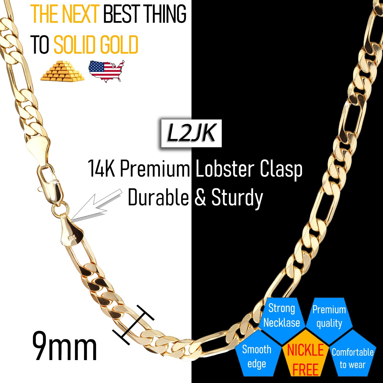 Italy Figaro Chain Link 14K Gold Plated 9mm 24″ Hip Hop Fashion For Men’ & Women