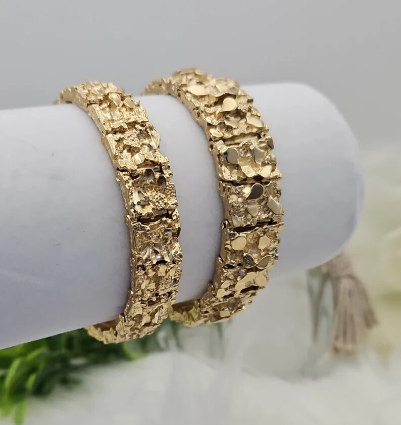Gold Nugget Bracelet, 13mm & 15mm Bracelet, 14k Heavy Plated