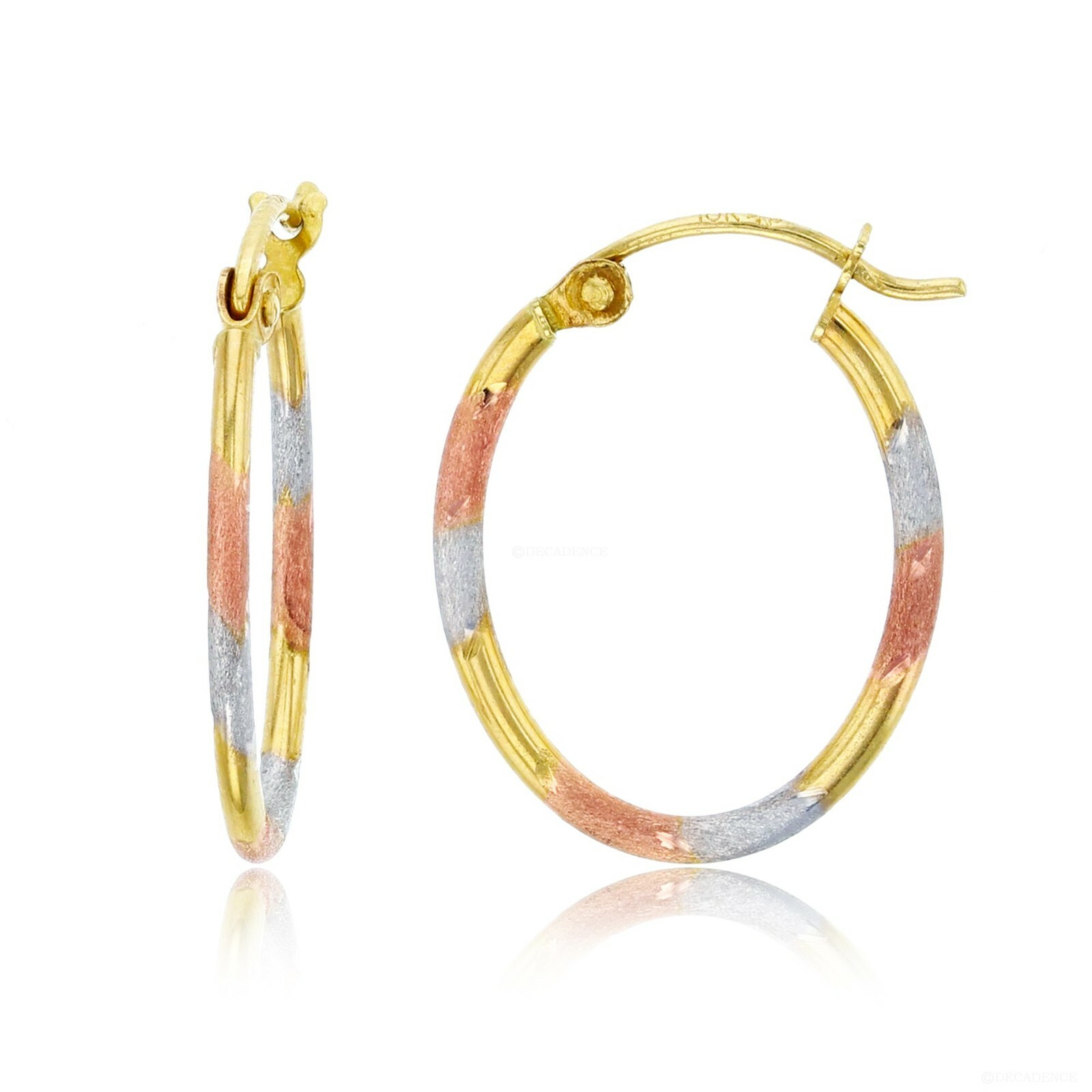 Satin Diamond Cut Oval Hoop Earrings Real 10K TriColor Yellow Rose White Gold